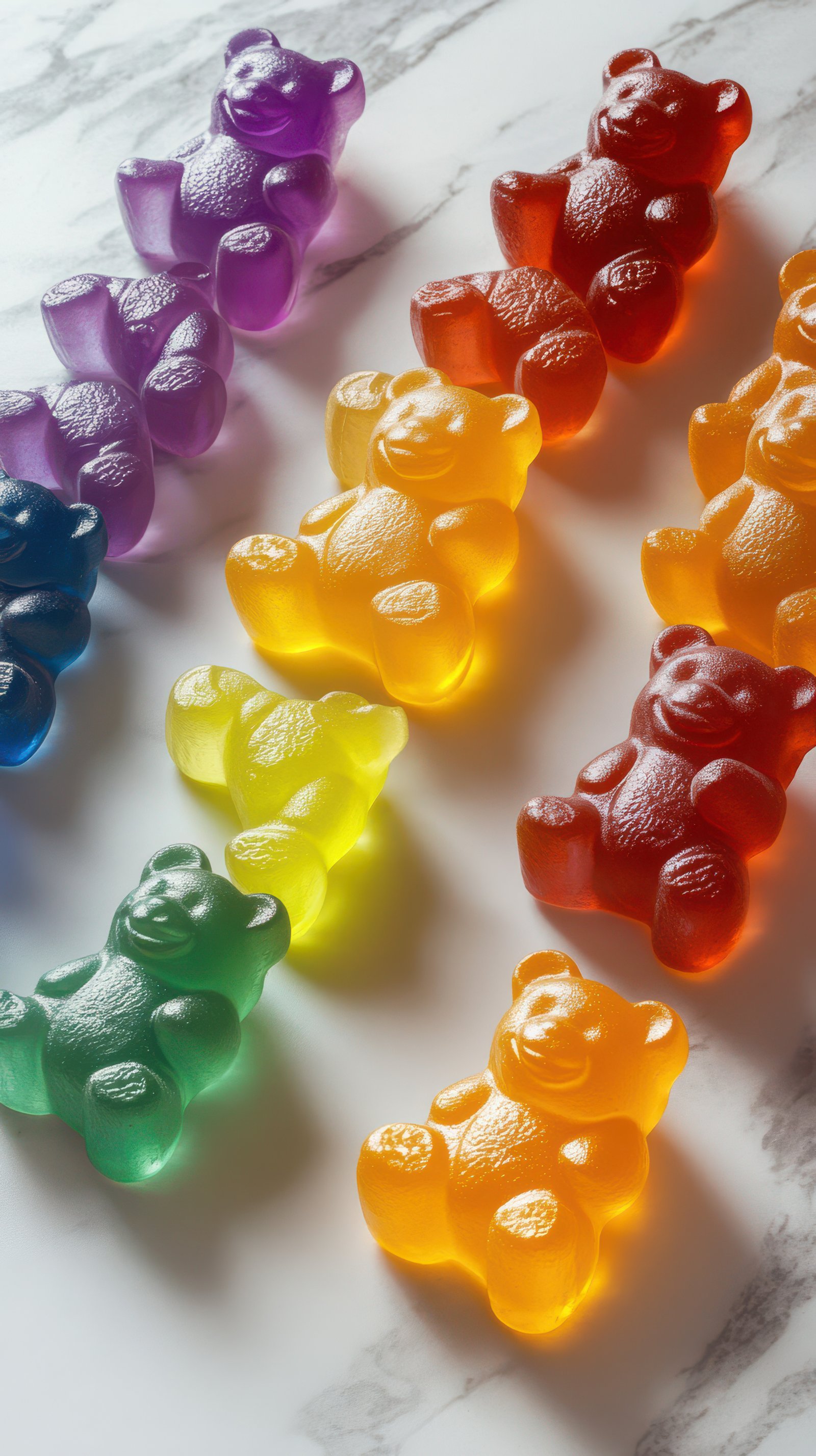 Colorful gummy bears arranged on a marble surface, showcasing a vibrant assortment during a candy display